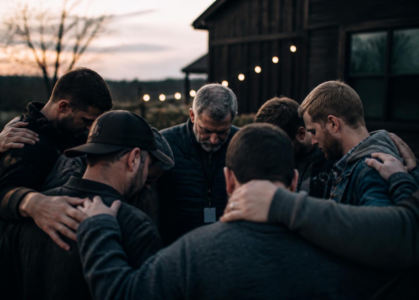 A group of Christians standing in a circle in prayer at dusk