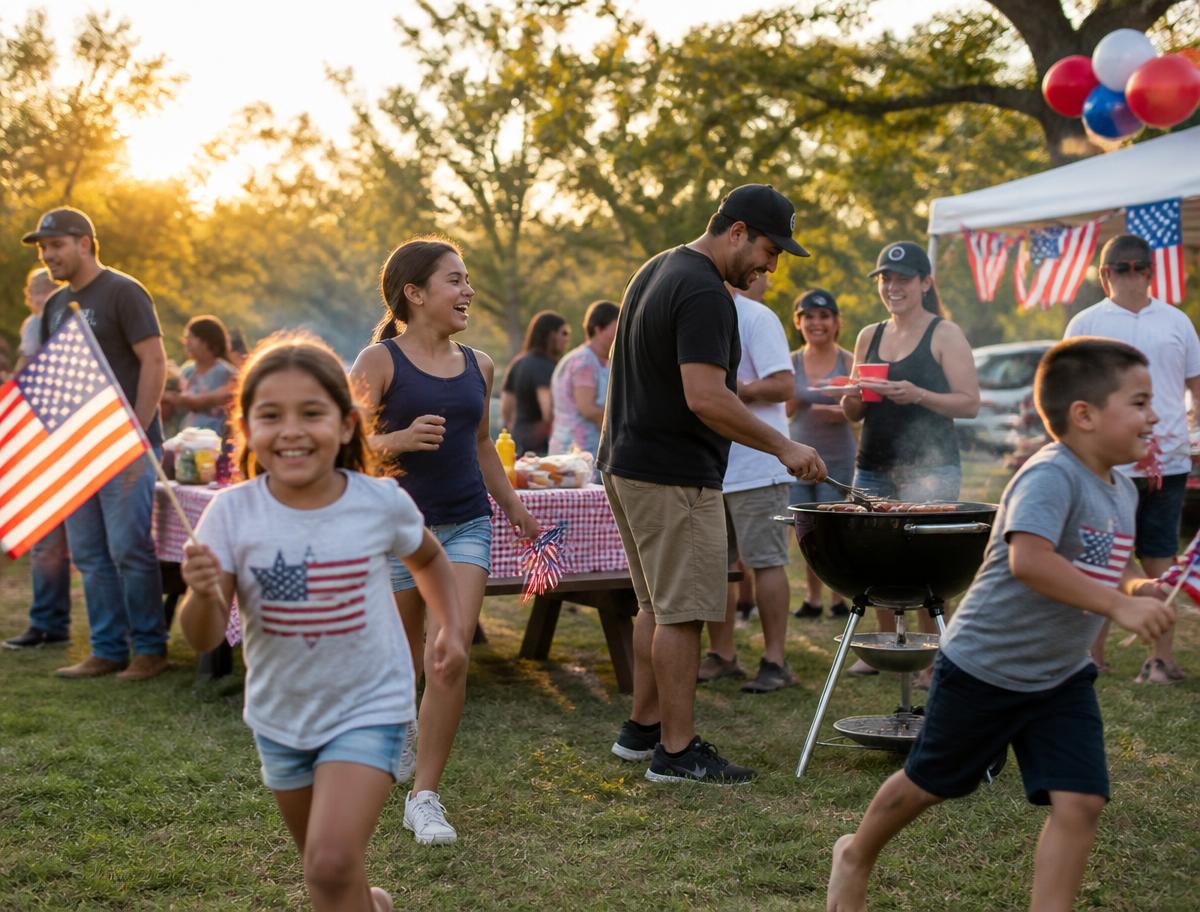 Families at a community cookout with American flags