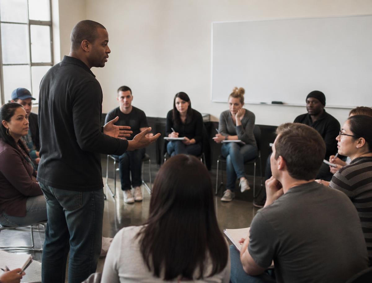 A leadership training session with people taking notes