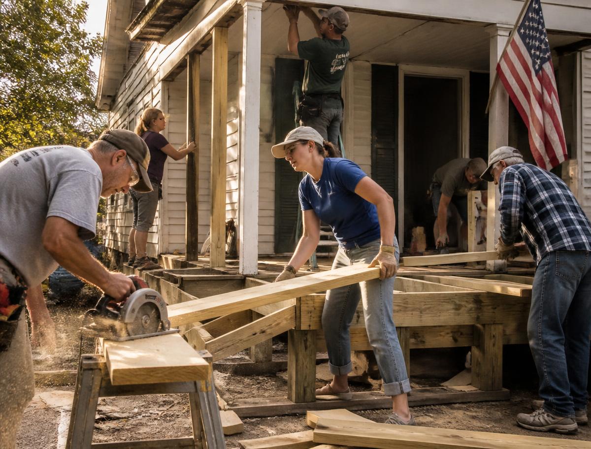 Volunteers rebuilding a porch together